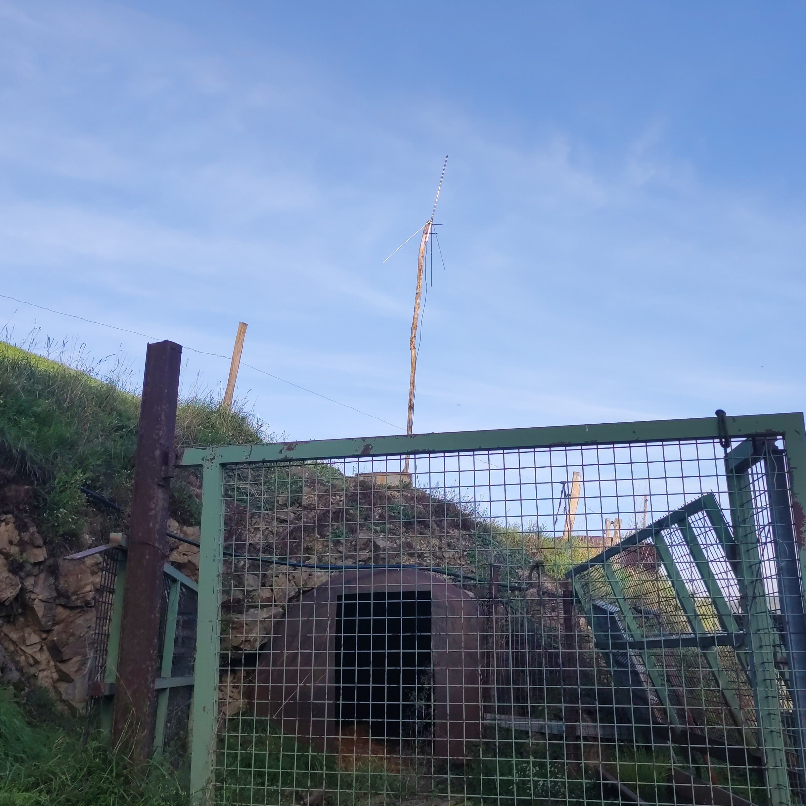 Une antenne montée sur un baton de bois en lisière d'une exploitation agricole